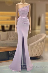 Sequins Formal Dresses Light Purple Mermaid Evening Prom Dresses Long Slit Strapless